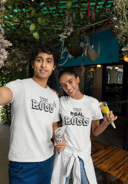 Guess who is the boss? Cute couple white t-shirts